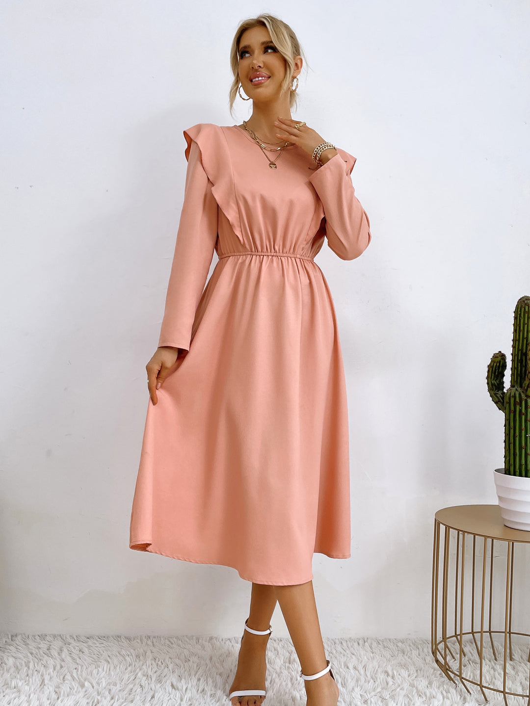 Damen elegantes Maxikleid mit Rüschendetails und elastischem Taillenbund Drune