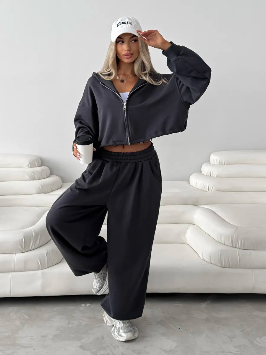 Damen weit geschnittenes Cropped-Zip-Hoodie und Palazzo-Jogger Set Drune