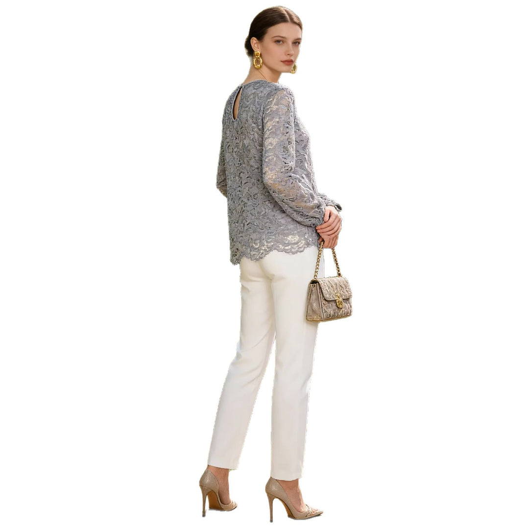 Damen Spitzenbluse mit durchgehendem Spitzen-Overlay, Rundhalsausschnitt und Schleifenärmeln Drune