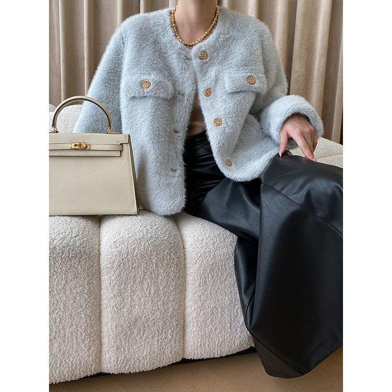 Damen weiche Teddyjacke mit dekorativen Knopfdetails und praktischen Taschen Drune