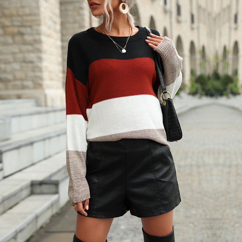 Damen Lässiger Colorblock-Waffelstrick-Pullover im Oversize‑Cut mit verlängertem Ärmelabschluss Drune