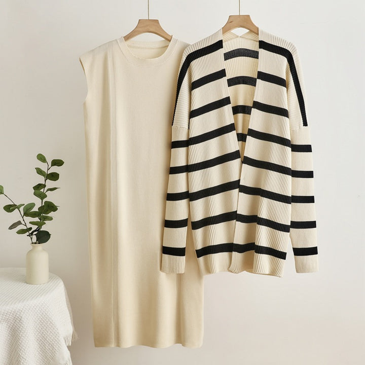 Damen elegantes und modulares Strickkleid mit lässiger Strickjacke Drune