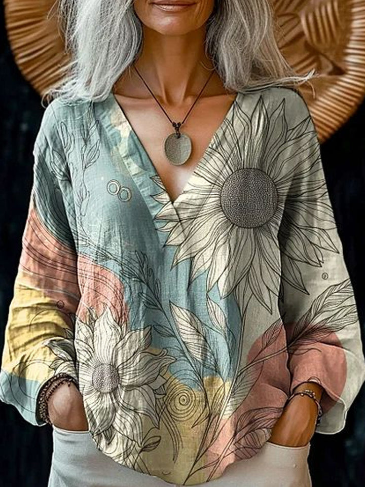 Damen Boho-Leinenmischung Tunika-Bluse mit V-Ausschnitt und floraler Aquarellstickerei Drune