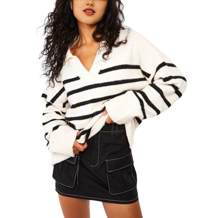 Damen Modischer Strickpullover mit V-Ausschnitt und Streifenmuster