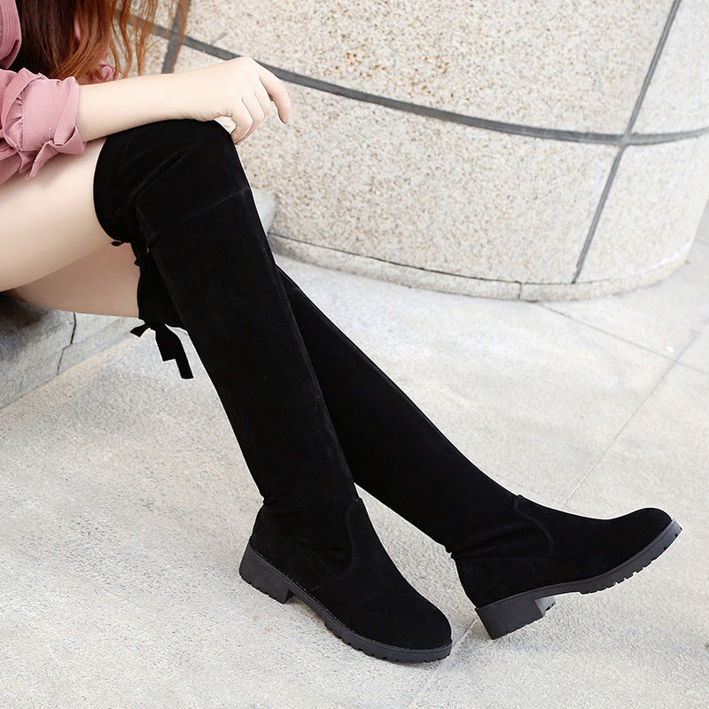 Damen Overknee-Stiefel aus Velourslederoptik mit elastischem Schaft und profilierter Gummisohle Drune