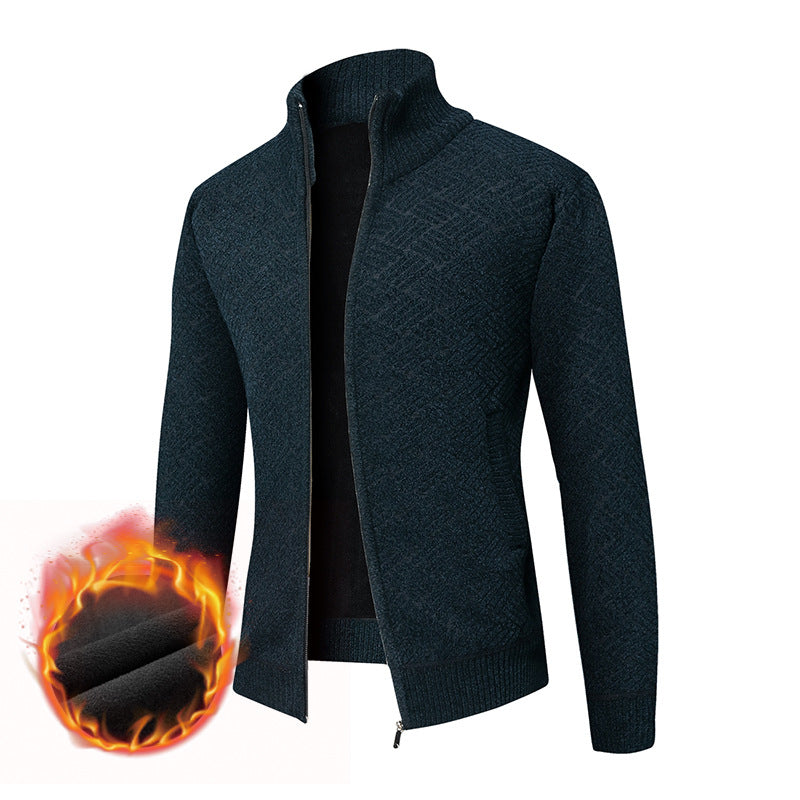 Herren Thermo-Strickjacke mit durchgehendem Reißverschluss, gefüttertem Stehkragen und geometrischem Strukturmuster Drune