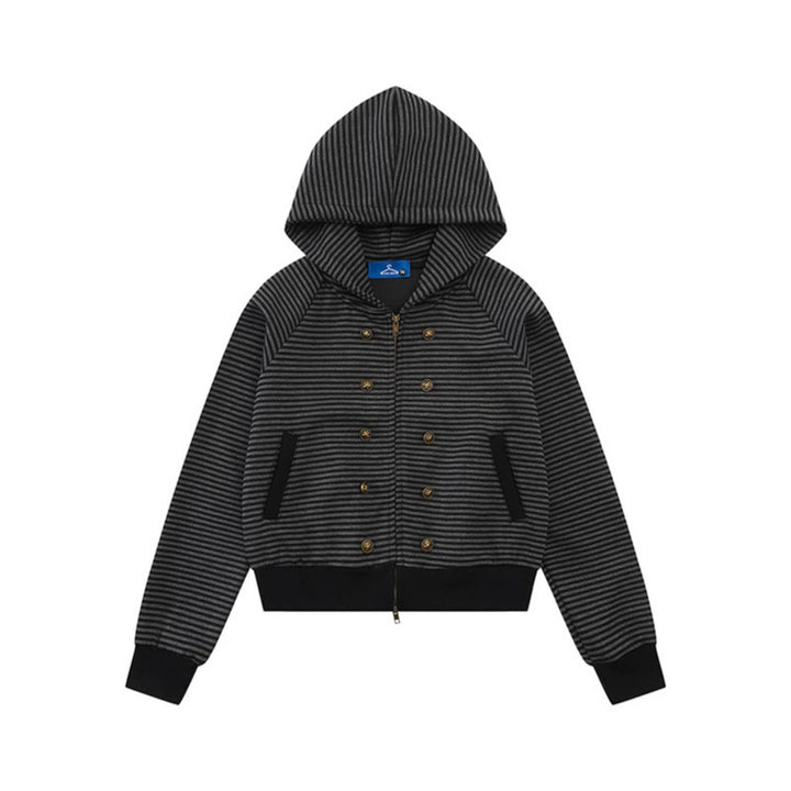 Damen gestreifte Kapuzen-Sweatjacke im Marine‑Look mit Doppelreiher‑Optik und Frontreißverschluss Drune