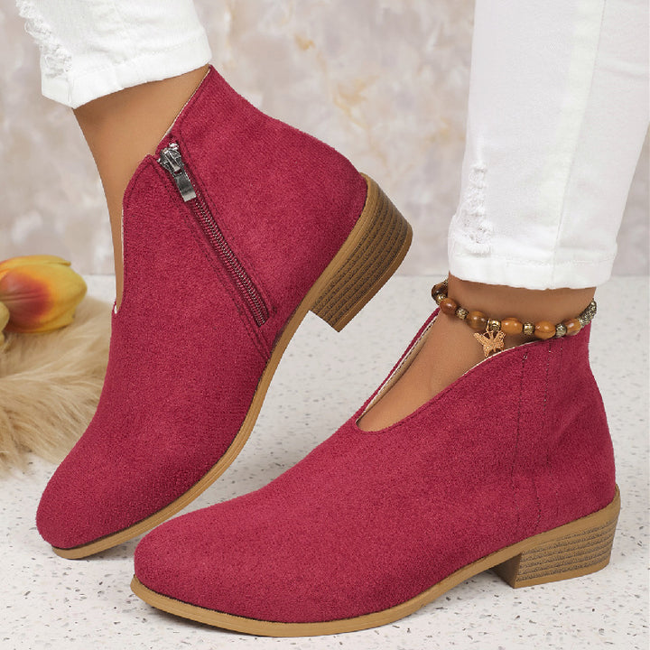 Damen nan knöchelhohe Stiefelette mit V-Ausschnitt, weichem Obermaterial und leichtem Holzblockabsatz Drune