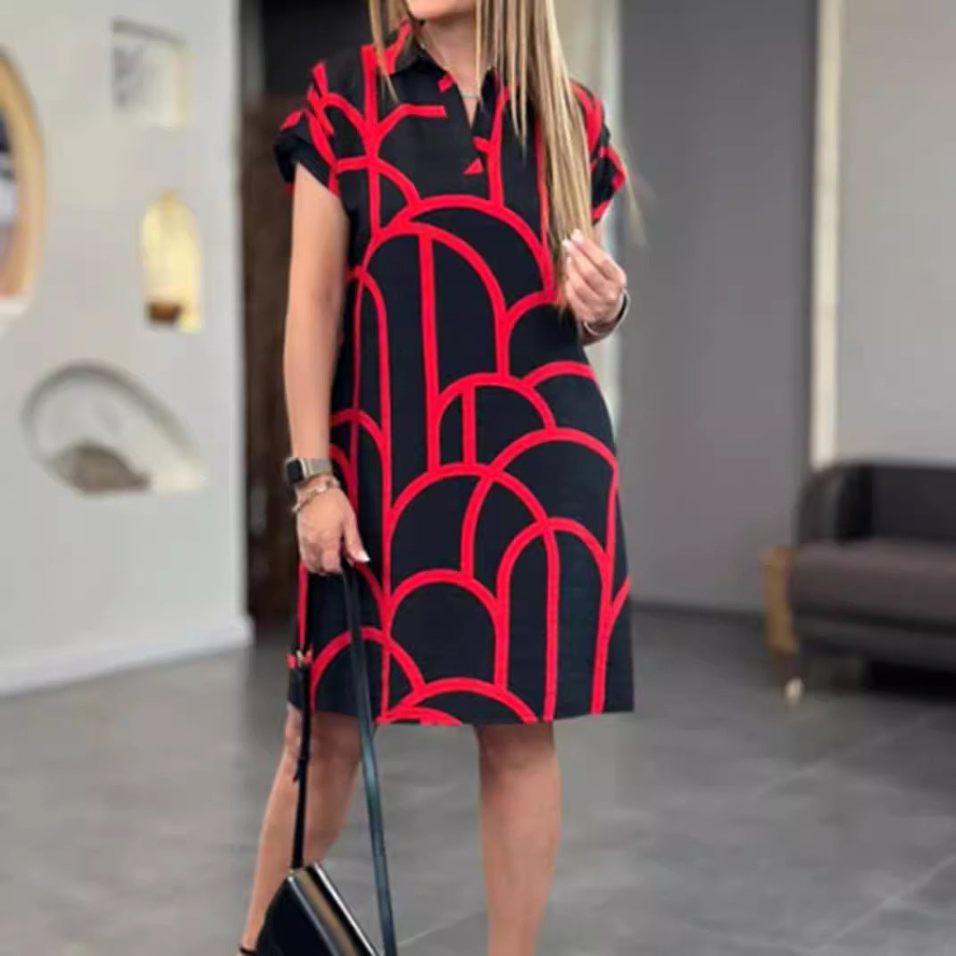 Damen nan geometrisches Shiftkleid mit Polokragen und umgeschlagenen Kurzärmeln Drune