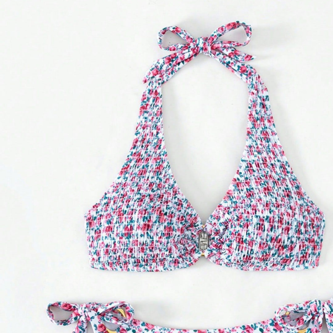 Damen Triangel-Bikini mit verspieltem Blumenmuster und komfortablen Schleifen Drune