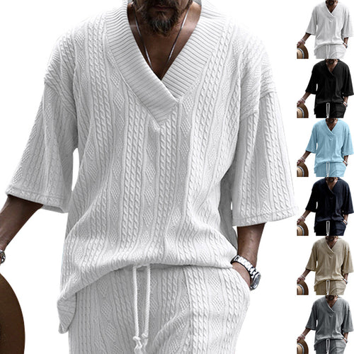 Damen nan weiter Kurzarm-Strickpullover mit Schalkragen und Zopfmuster Drune