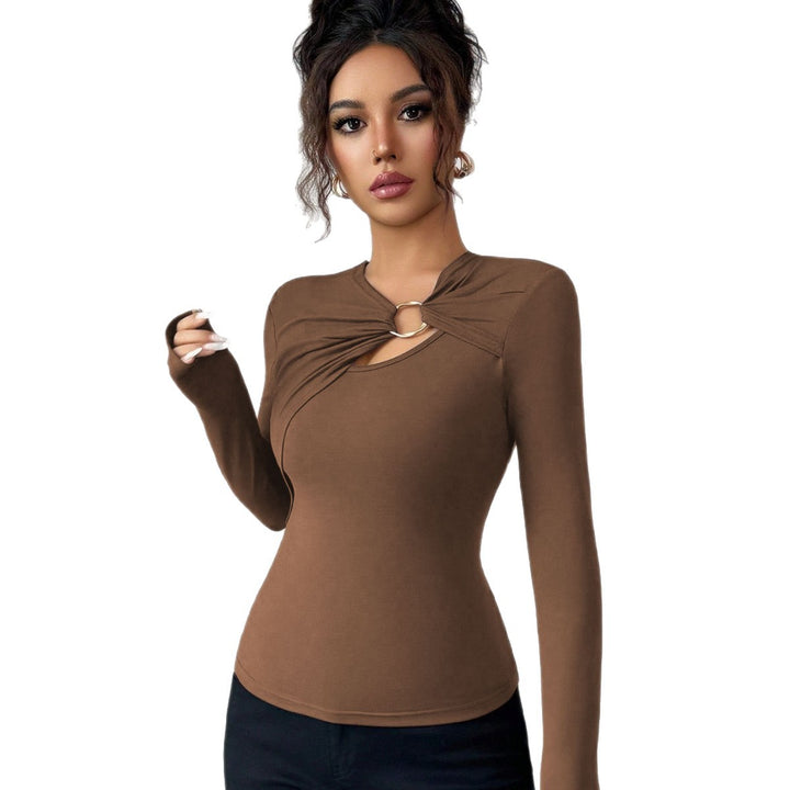 Damen figurbetontes Langarmshirt mit dekorativem Ring-Detail und asymmetrischem Keyhole-Ausschnitt Drune