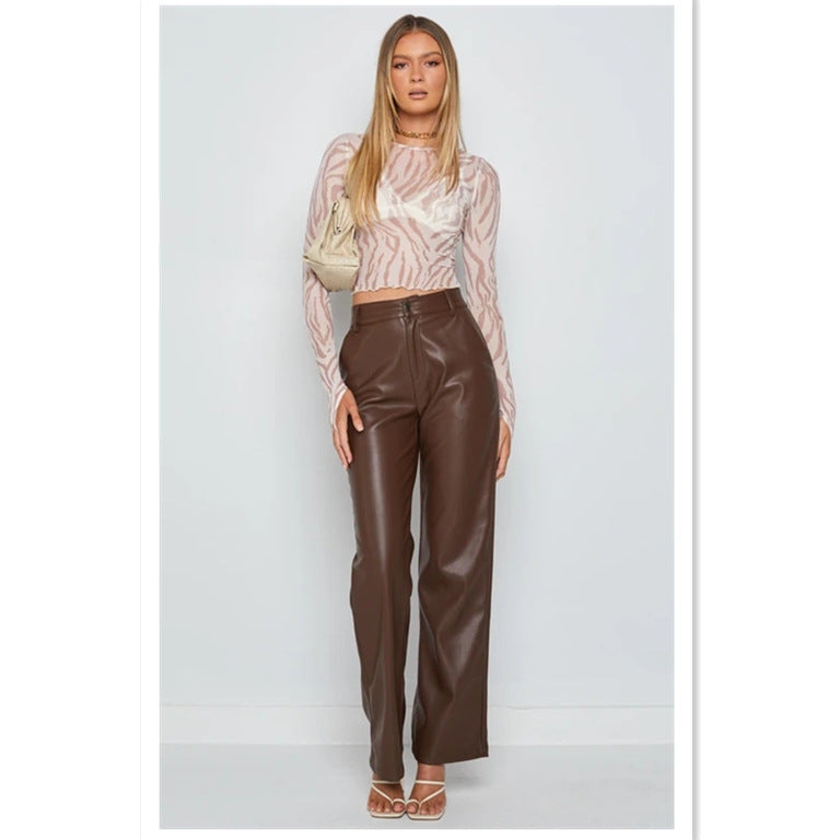 Damen Modische Kunstlederhose mit weitem Bein und eleganter Passform Drune