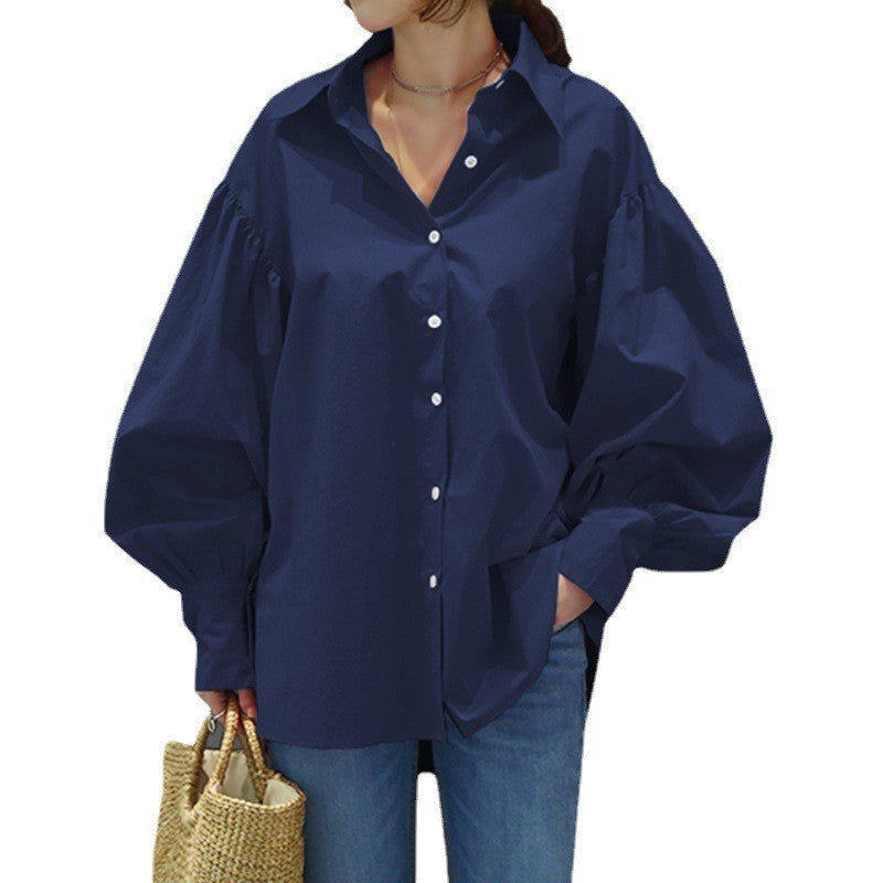 Damen Oversize-Bluse mit Ballonärmeln und Hemdkragen Drune