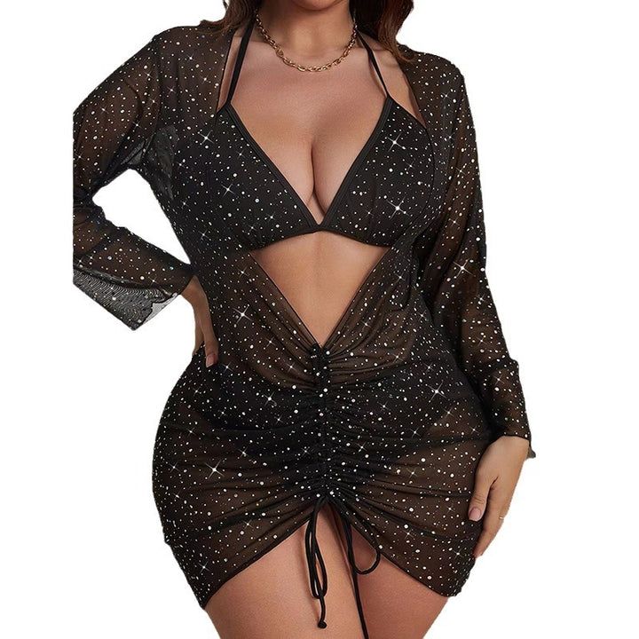Damen transparentes Strandkleid mit Rüschen und funkelnden Akzenten Drune