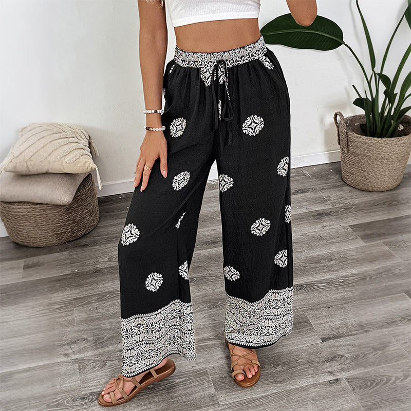 Damen Boho-Print Palazzohose mit weitem Bein, elastischem Tunnelzugbund und seitlichen Taschen Drune