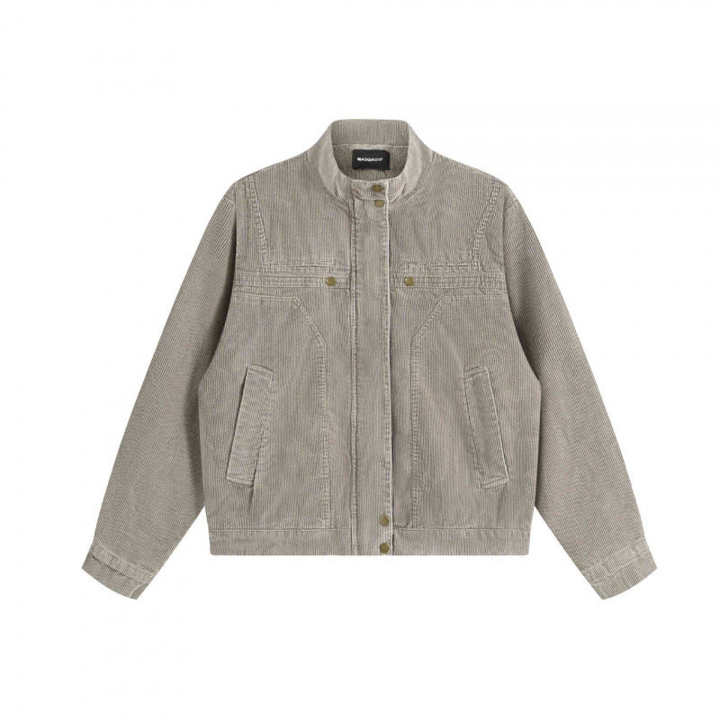 Unisex Cord-Boxy-Blouson mit Stehkragen, verdeckter Druckknopfleiste und aufgesetzten Schubtaschen Drune