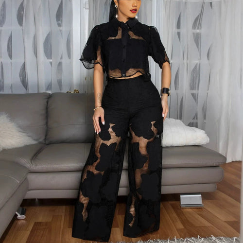 Damen nan kurzgeschnittene Hemdbluse aus floraler Netzspitze mit hochgeschnittener Weitbein-Hose Drune