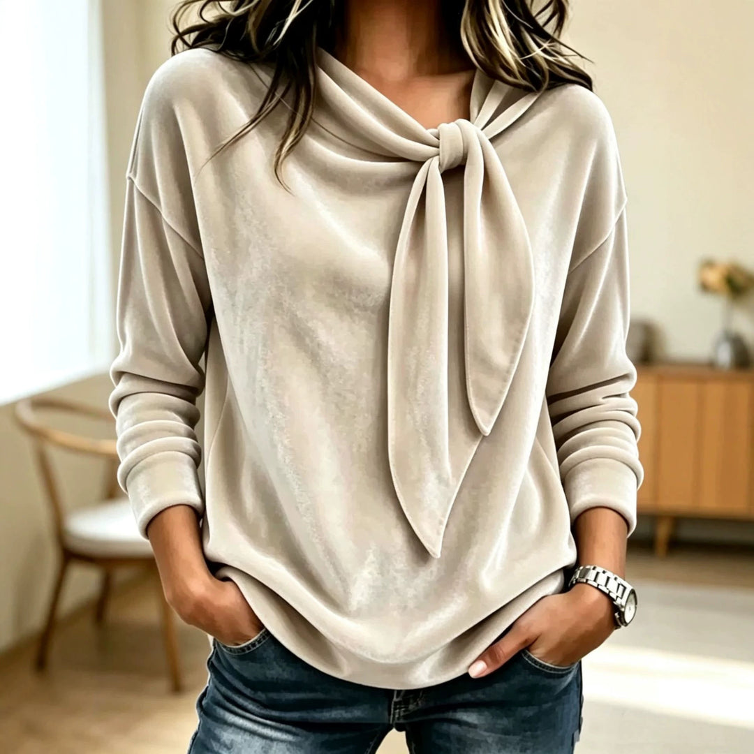 Damen Drapiertes Velours-Sweatshirt mit Knotenschalkragen Drune