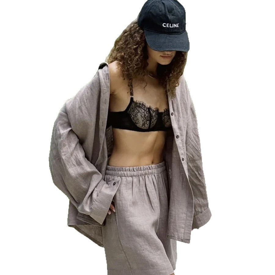 Damen lässiges Leinen Set mit lockerer Bluse und Shorts Drune