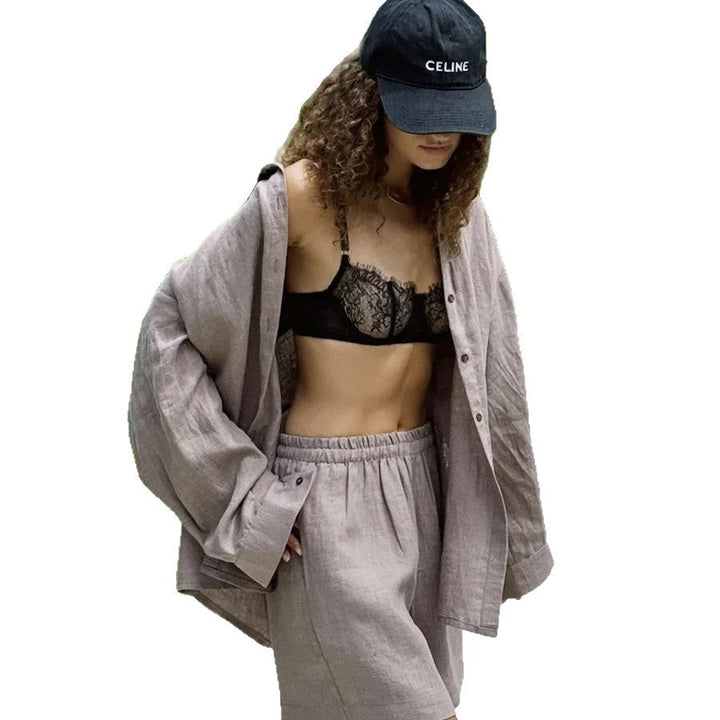 Damen lässiges Leinen Set mit lockerer Bluse und Shorts Drune