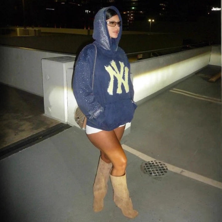 Damen nan übergroßer Kapuzenpullover aus Samtfleece mit markantem Logoprint, Glitzerbesatz und Kängurutasche Drune