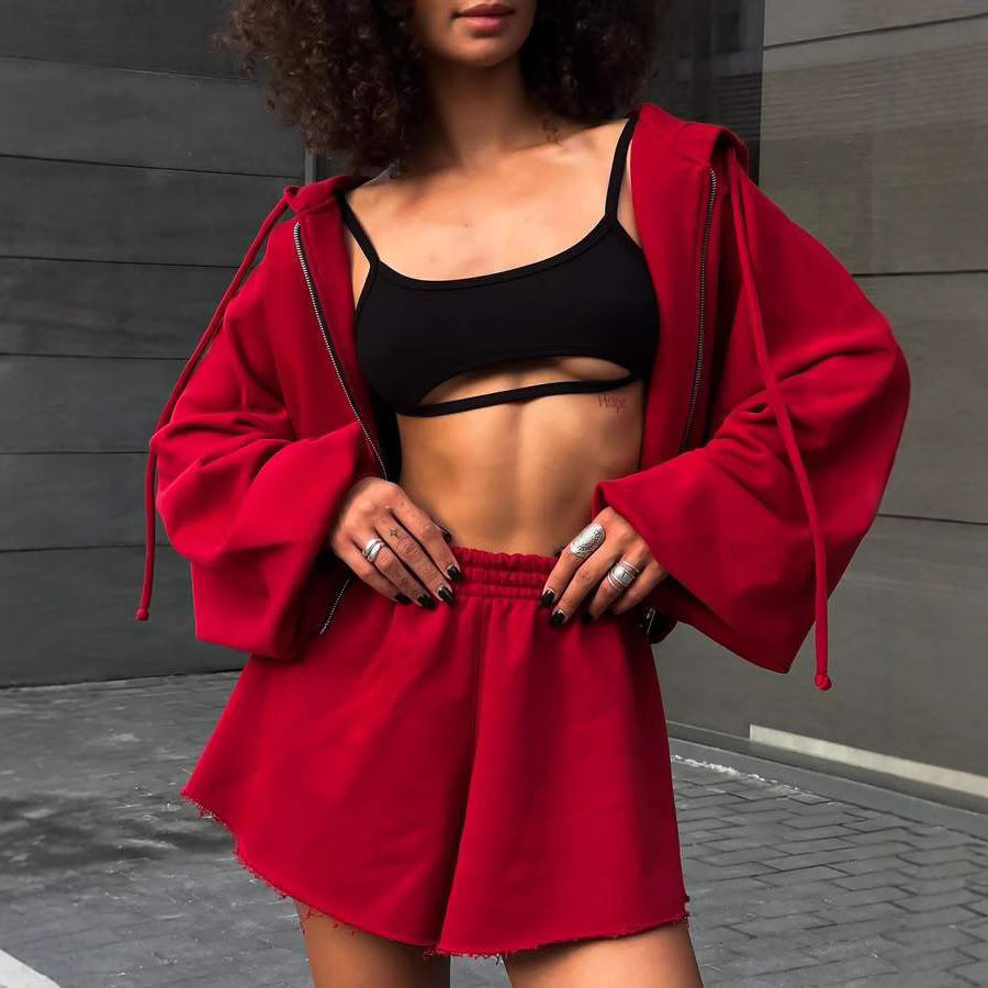 Damen oversized Cropped-Zip-Hoodie mit voluminösen Ballonärmeln und elastischer High‑Waist Loungeboxer-Shorts Drune