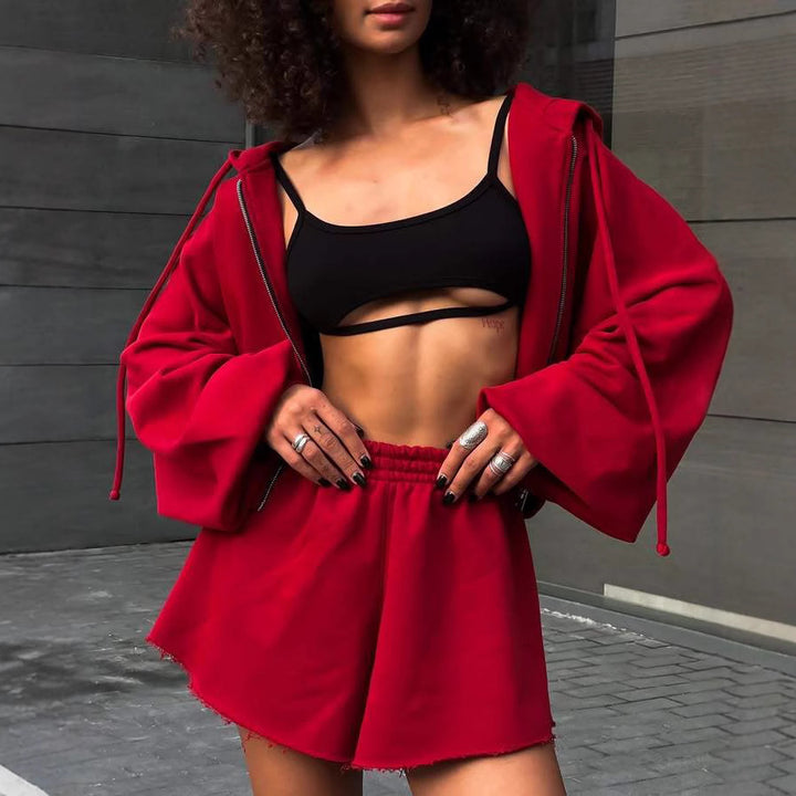 Damen oversized Cropped-Zip-Hoodie mit voluminösen Ballonärmeln und elastischer High‑Waist Loungeboxer-Shorts Drune
