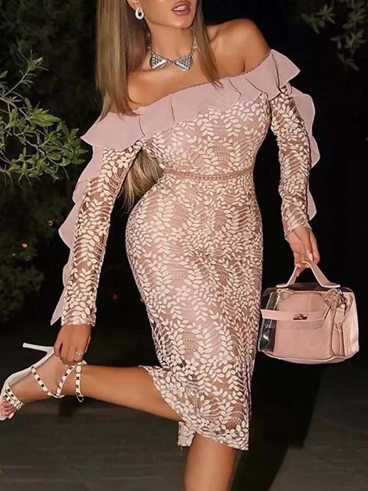 Damen Off-Shoulder Spitzenkleid mit voluminösen Rüschen und figurbetontem Schnitt Drune
