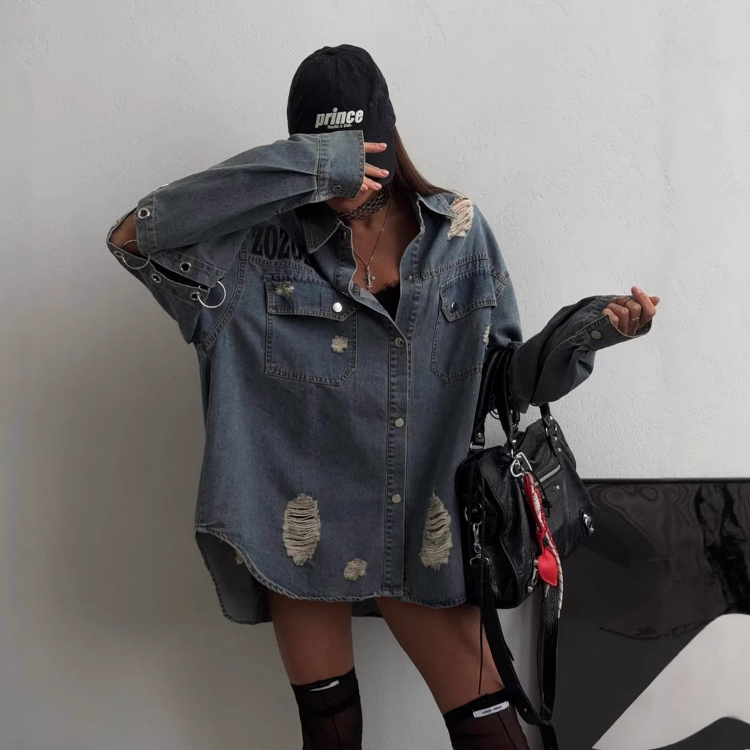 Damen Oversized Jeanshemd mit ripped Details Drune