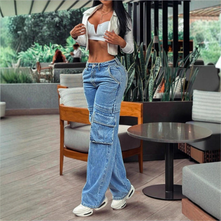 Damen tiefsitzende Wide‑Leg Cargo-Jeans mit XXL-Klappentaschen Drune