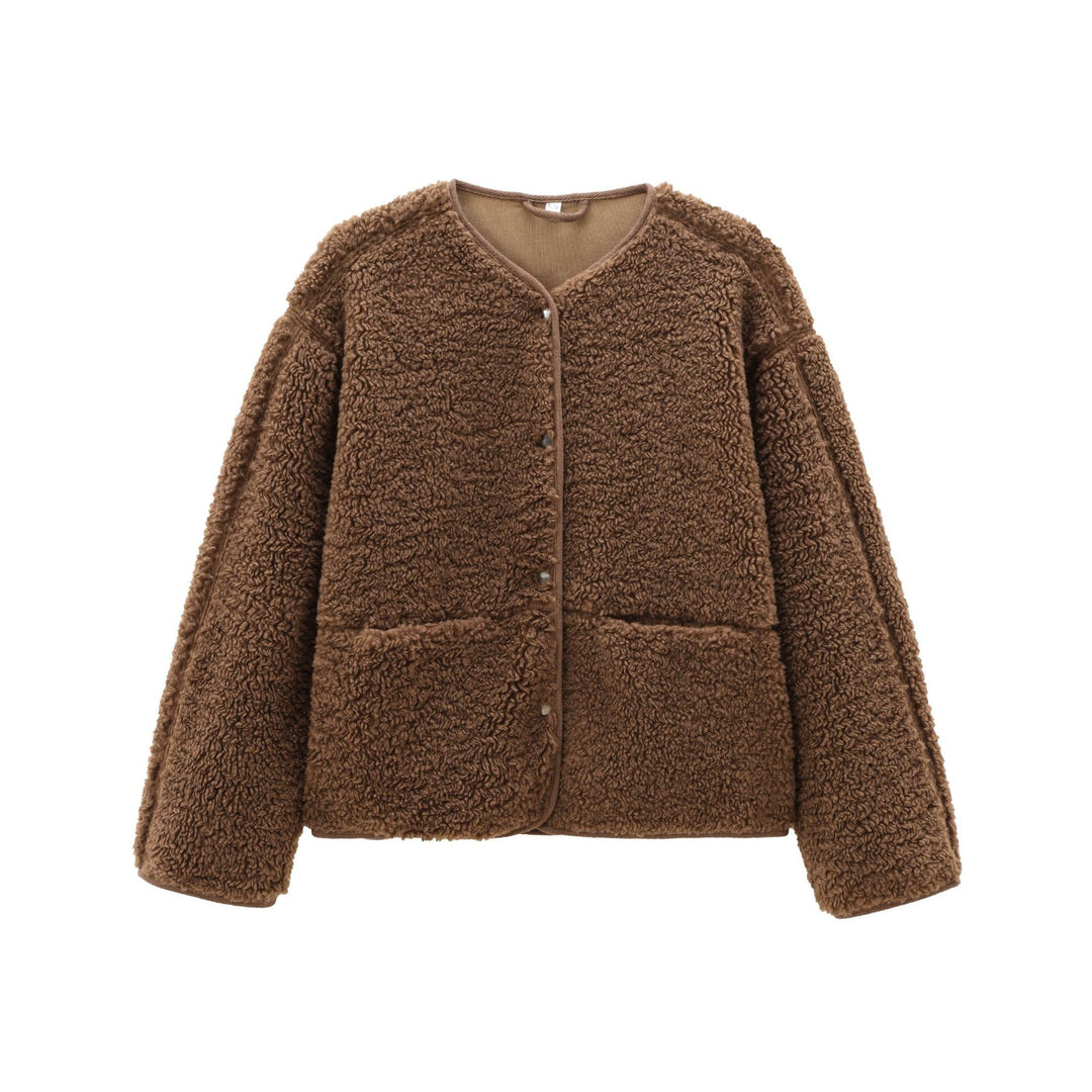 Damen nan kurz geschnittene Teddyjacke mit Druckknopfleiste und aufgesetzten Taschen Drune