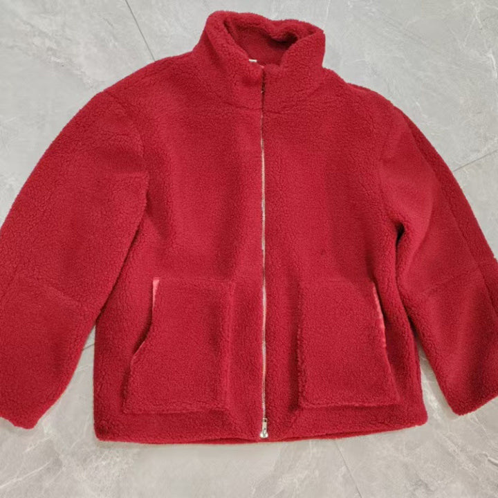 Damen Kuschelige Teddyfelljacke mit hohen Kragen und Reißverschluss Drune