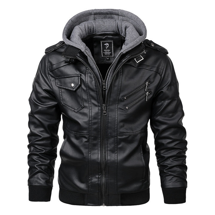 Herren Modische Kunstlederjacke mit Kapuze Drune