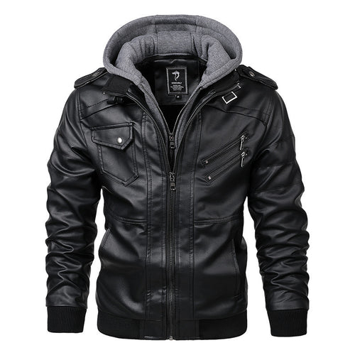 Herren Modische Kunstlederjacke mit Kapuze Drune
