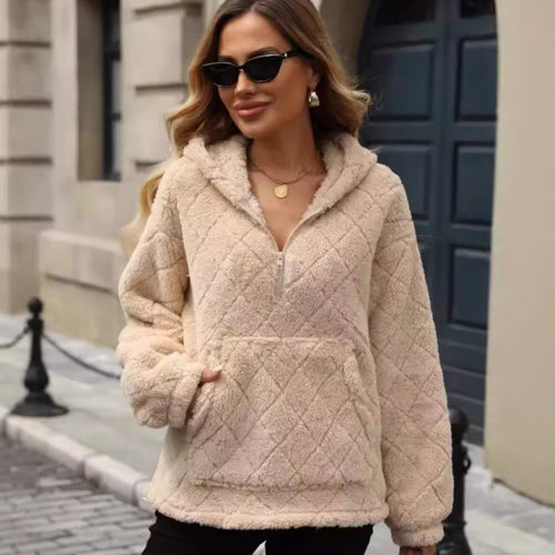 Damen Flauschiger Hoodie mit Stehkragen und Kängurutasche Drune