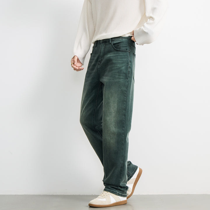 Herren Locker geschnittene Denimhose mit hohem Bund und dezenter Vintage-Waschung Drune