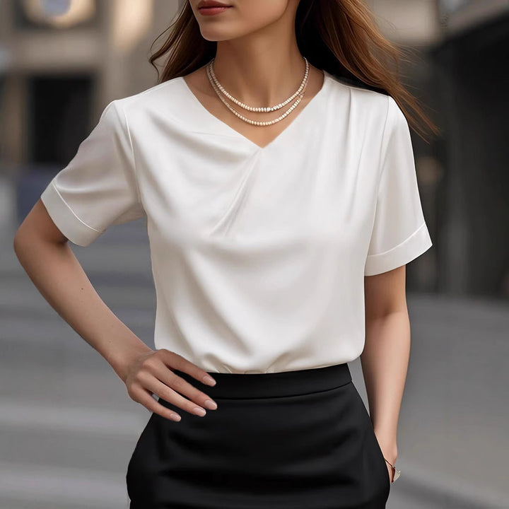 Damen Elegantes V-Ausschnitt Blusenshirt mit kurzärmeligen Design Drune