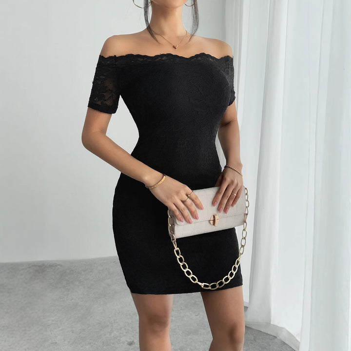 Damen nan figurbetontes schulterfreies Spitzenkleid mit Carmen-Ausschnitt und Stretch Drune