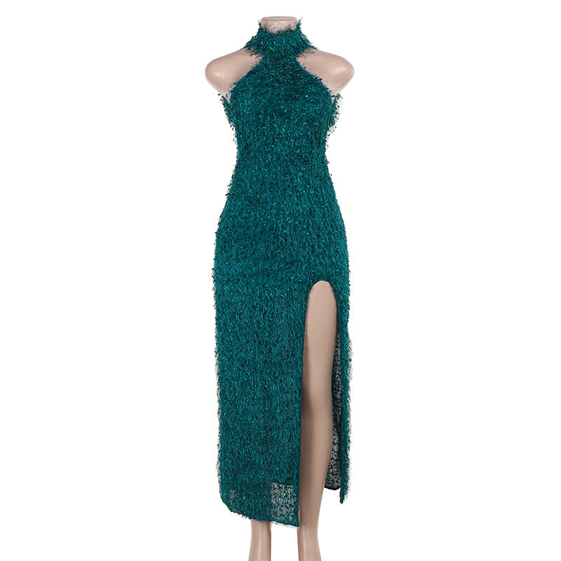 Damen elegantes Maxikleid mit hohem Schlitz und floralem Strukturdesign Drune