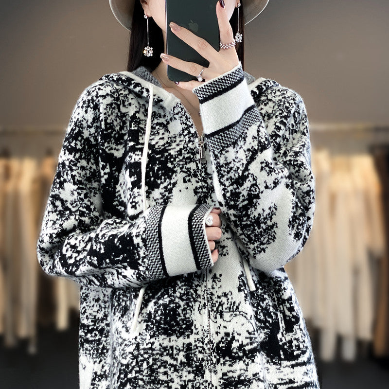 Damen Oversize Jacquard-Strickjacke mit Kapuze und Reißverschluss Drune