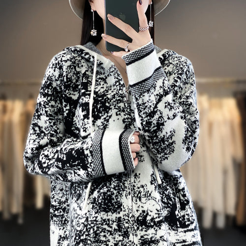 Damen Oversize Jacquard-Strickjacke mit Kapuze und Reißverschluss Drune