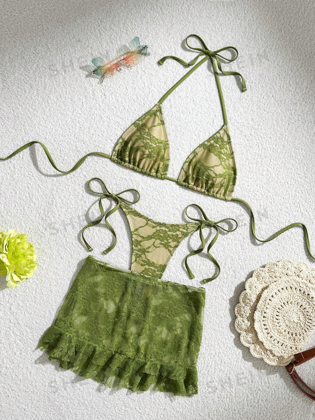 Damen Spitzen-Bikini mit floralem Design und fließendem Rock Drune