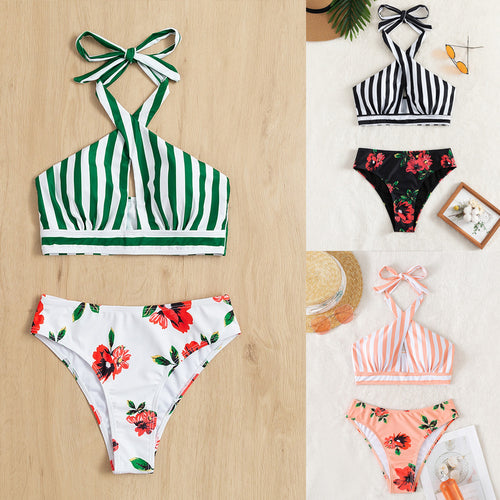 Damen Hochgeschnittener Bikini mit floralem Design und trendigem Wickeloberteil Drune