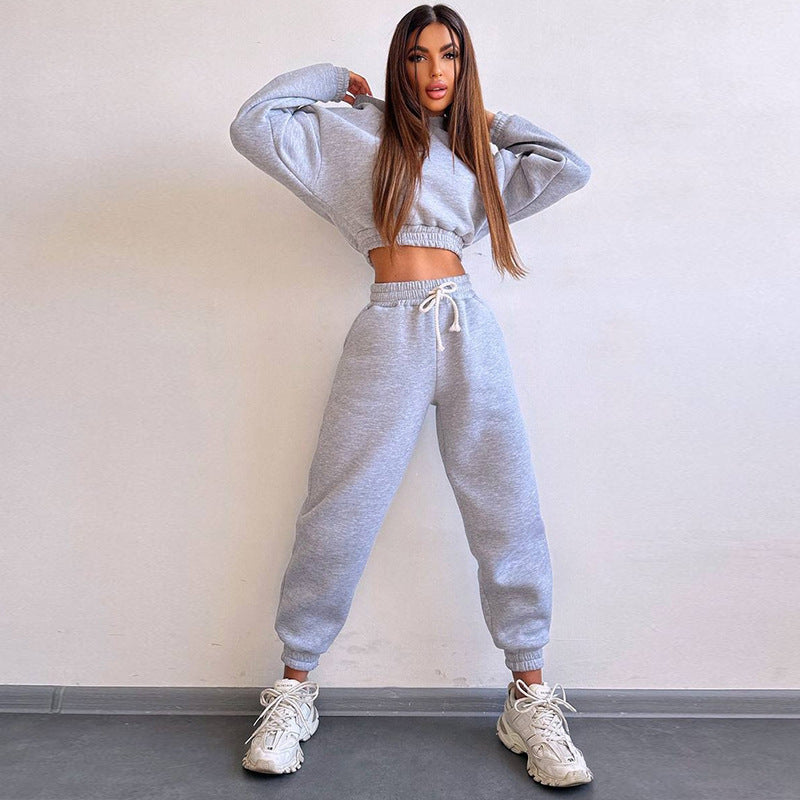 Damen cropped Stehkragen-Sweatset mit elastischem Taillenbund und hochtaillierter Tapered-Jogginghose Drune