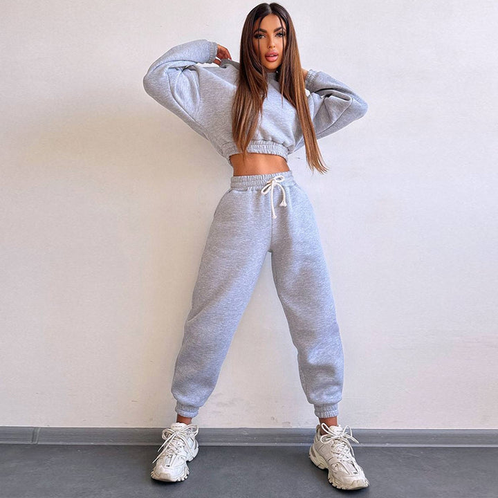 Damen cropped Stehkragen-Sweatset mit elastischem Taillenbund und hochtaillierter Tapered-Jogginghose Drune