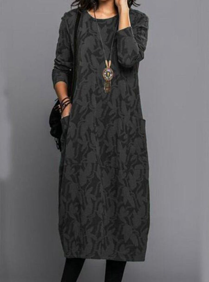 Damen nan locker geschnittenes Midikleid aus Feinstrick mit Ton-in-Ton-Jacquard, Rundhalsausschnitt und seitlichen Eingrifftaschen Drune