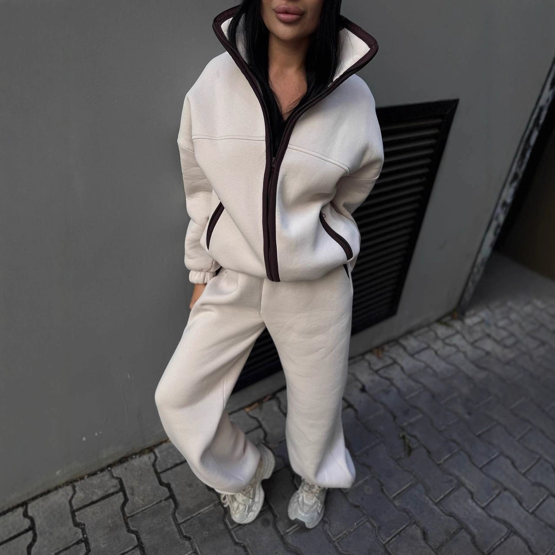 Damen Zweiteiliges Teddyfleece-Lounge-Set mit Stehkragen und weitem Joggerbein Drune