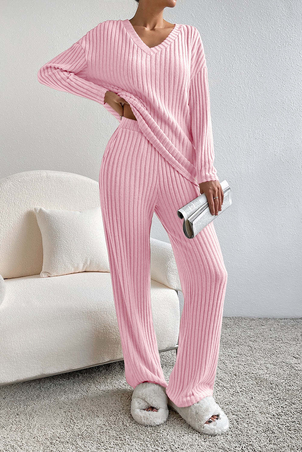 Damen Strick-Loungewear Set mit Rippenstruktur und V-Ausschnitt Drune