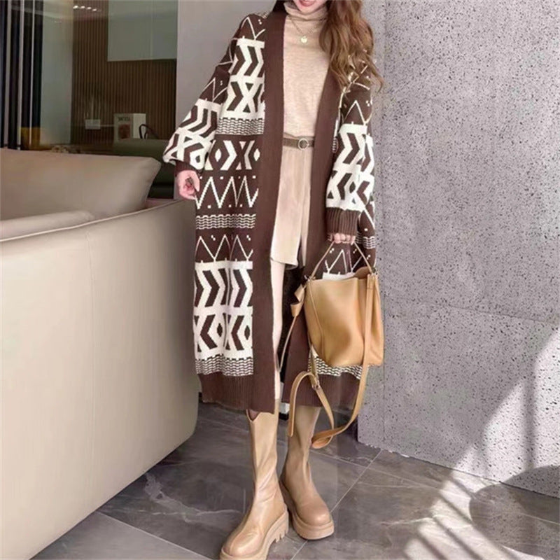 Damen Long Cardigan mit grafischem Design und tiefen Taschen Drune